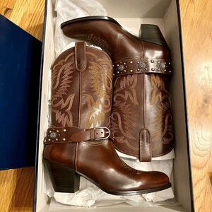NWB Women's Polo Ralph Lauren Brown Studded Leather Western Cowboy Boots Size 10